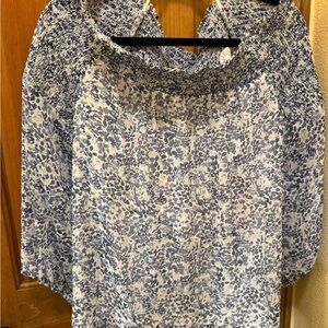 CeCe Blue and White Smocked Off-Shoulder Floral Tunic